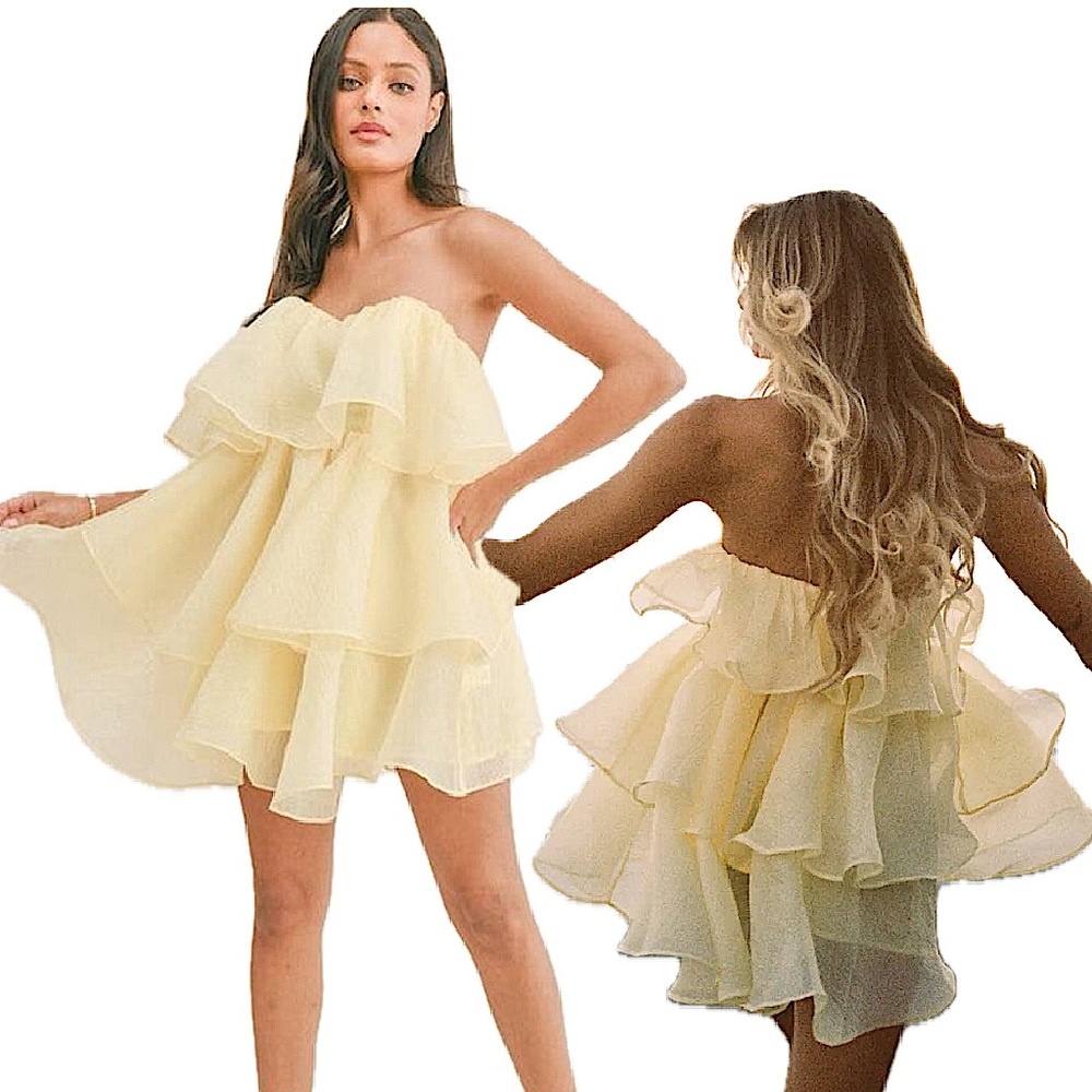 NEW Klesis Yellow Strapless Organza Tiered Ruffle Tulle Mini Dress Size Small